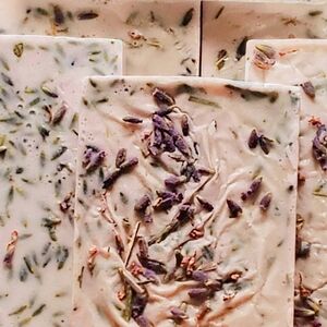 Handmade beef tallow soap bar with lavender petals